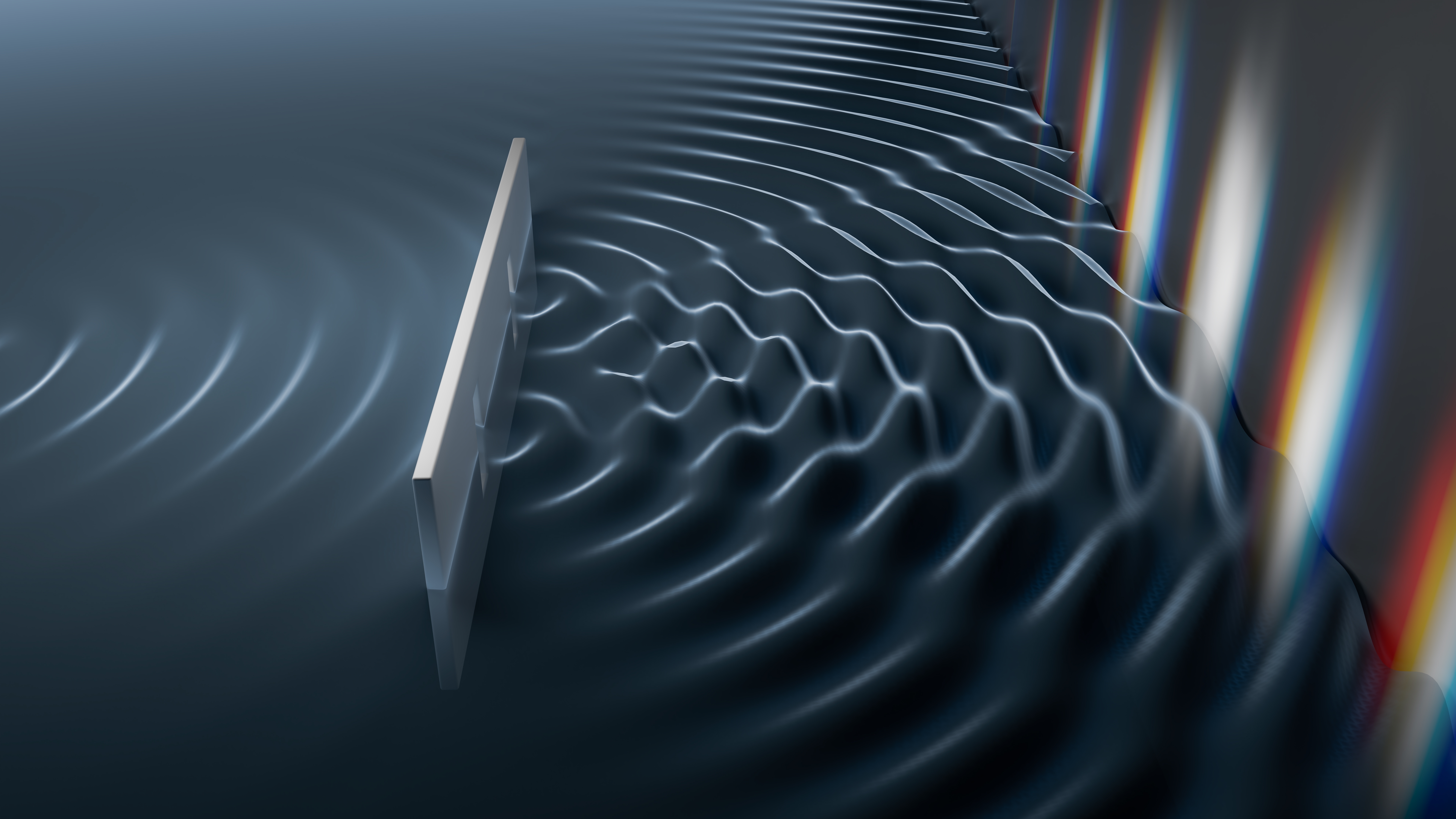 the double slit expeirment see a wave approaching a board with two slits in it. Thewave passes through the two slits creating interference fringes. On a wall, the interference pattern emerges with a strong clear image in the middle and weaker smaller further and further from the center